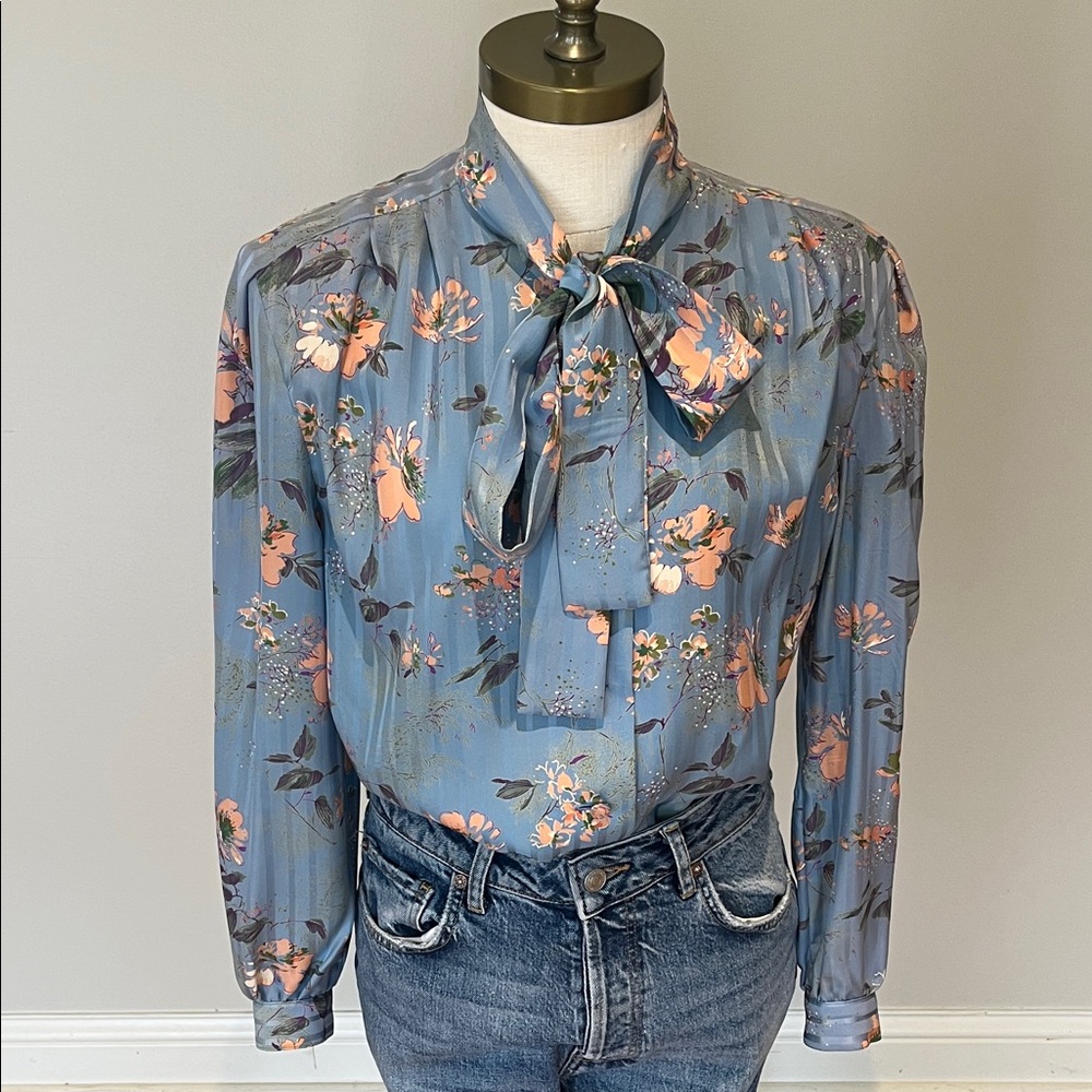 Vintage shadow stripe silk powder blouse floral bow tie feminine blouse M